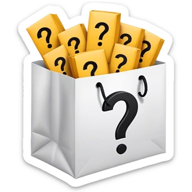 black goodiebag with questions mark boxes stuffed in it  sticker