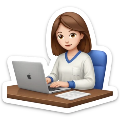 A brown hair, white skin woman with home outfit scrolling, with a laptop open to a work document sticker