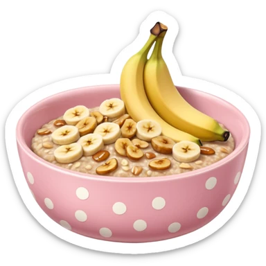 banana baked oats in a bowl like oat meal with a couple banana slices on top that look a little bit caramelised and a light pink bowl with white polka dots sticker