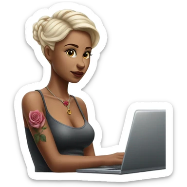 Hyper Realistic beautiful woman model with a small rose tattoo typing on a laptop  sticker