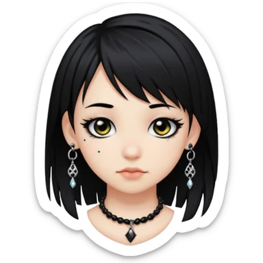 emo girl with black hair. piercings. side bangs. a black jewelry  sticker