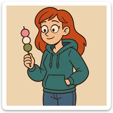 A girl red hair teal women's hoodie blue jeans Dango holding  sticker