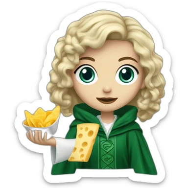 Blue eyes Slytherin robe girl with short wavy ash blonde hair eating chips and cheese hogwarts robe sticker