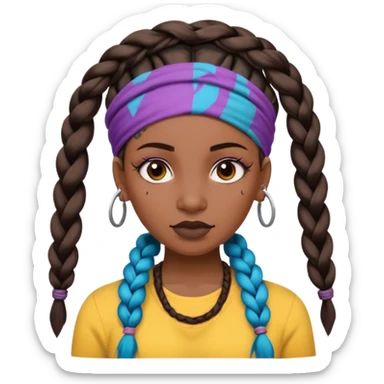 big lose braids starting from the top of the head woman face wiith big visible braids and mono color headband on head  face and braids as big as headband and lots and lots of face tattoos colored tattoos like a tattoo artist hair unique color sticker