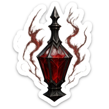 prabangus eliksyro buteliukas, gotikinis, edgy stilius, tamsiai raudona spalva, juodos ir sidabrinės detalės, dar aštresni briaunoti paviršiai, dar daugiau magiškų efektų, labai mažas kaklelis, vientisas dugnas, skaidrus fonas, buteliukas plūduriuoja ore, be pagrindo ar šešėlio, modernus, kolekcijai tinkamas sticker