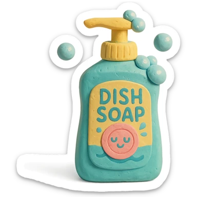 dish soap bottle in claymation style with bubbles and a playful label, pastel palette sticker