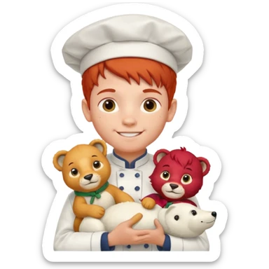 boy kid italian chef, red haired, uniform, holding plush polar lion sticker