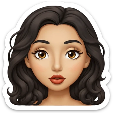 woman with olive skin, brown eyes and long lashes, and long black wavy hair giving a kiss sticker