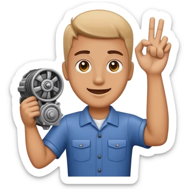 employee holding a car engine part in one arm and waving with right hand, clear and expressive emoji style sticker