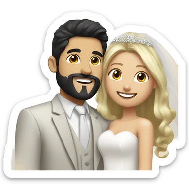Wedding couple with Handsome middle eastern man with goatee and black hair and big smile with bride who has blonde hair , hair down , and beautiful  sticker