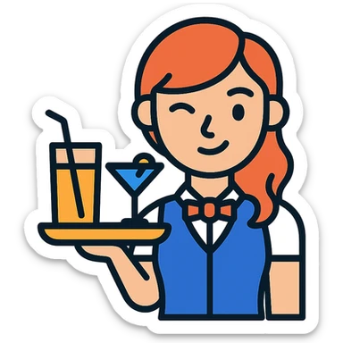 icon of a flirty bartender girl holding a tray of drinks, minimal, clean lines, modern icon style, color outlined sticker