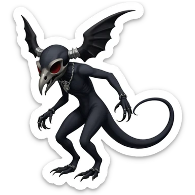 Shiny Dark Edgy  Duskull-Salandit-Inteleon-Amaura-Fakémon-hybrid-creature (full body) with a horned bird-skull-mask sticker