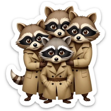 three raccoons stacked on top of each other wearing a trench coat sticker