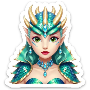 A gorgeous dragon woman with glittering jeweled scales covering her body and face. She has large almond shaped eyes, lush lips, and she wears a stunning luminescent gown. sticker