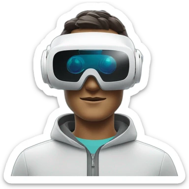Generate an emoji of a guy wearing apple vision pro virtual reality glasses in a futuristic setting sticker