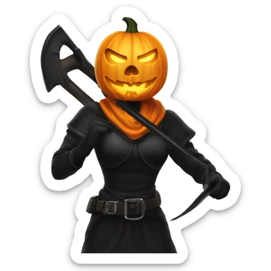 Human female pumpkin hunter with a scythe, glowing pumpkin eyes inside a black helmet, Halloween theme, emoji sticker