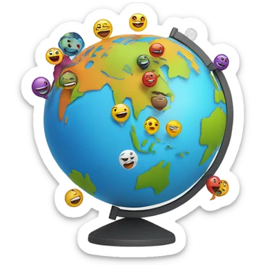 colorful globe characters popping out in different areas on map sticker