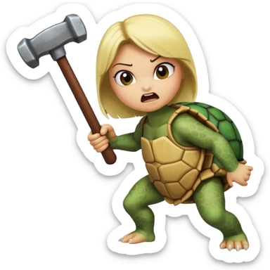 angry girl turtle(with blond balejage) hitting with hammer another turle animated cartoon sticker