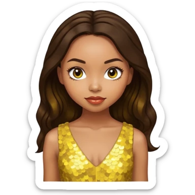 Logan Browning with long dark brown hair, yellow sequin dress sticker