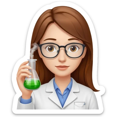 Crie emojis de uma mulher de cabelos longos castanhos farmacêutica mexendo com becker sticker