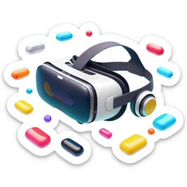 Show a VR headset or AR glasses, symbolizing the immersive experience. Include virtual objects or a 3D scene floating in the air in front of the headset. Use modern, tech-inspired colors. Do not include any emojis or smiley faces. Make the background transparent. sticker