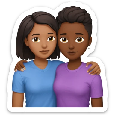 Black lesbian couple with one dark skin masculine with short hair low cut fade with a t shirt and one feminine with long hair in a blouse hugging  sticker