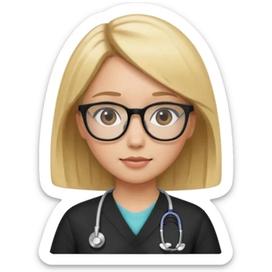 A girl in black scrubs with a blonde bob and glasses no stethoscope  sticker
