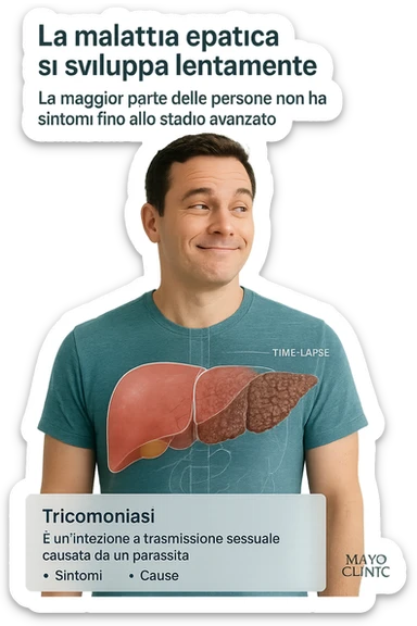 "Healthy-looking man unaware that liver disease develops slowly with most people having no symptoms until late stage A sexually transmitted infection caused by a parasite-Trichomoniasis - Symptoms & causes - Mayo Clinic, expression of false confidence in his health, transparent liver overlay showing progressive damage despite feeling normal, time-lapse visualization of gradual liver deterioration in italiano sticker