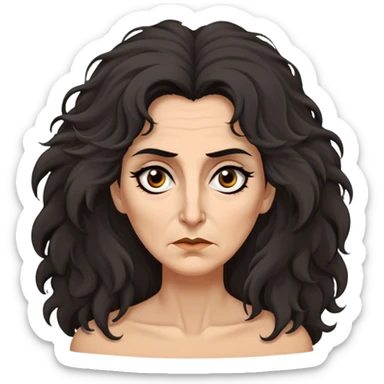 Mirri Maz Duur is a weathered, age 50 woman with deep-set dark eyes, high cheekbones, and a sharp nose, giving her a stern, knowing expression. Her long, unkempt dark frizzy hair  falls loosely over her shoulders sticker