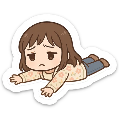 chibi sticker of a girl with brown straight hair and brown eyes, wearing a pastel floral cardigan and jeans, lying on the floor sad with arms spread, white outline, transparent background, 512x512px sticker