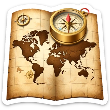 3D Brown golden map with Travel compass pointing to adventure sticker