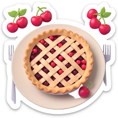 Enhance the 3D iOS 18 emoji style cherry pie image by adding more volume and depth. Improve shading, highlights, and shadows to make the pie, cherries, plate, and fork appear more dimensional and realistic, while preserving the soft, glossy 3D emoji look and the checkered tablecloth background. sticker
