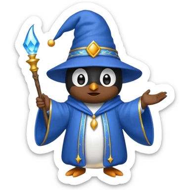 penguin wizard casting a sparkling spell, wearing blue robe and hat, emoji style sticker