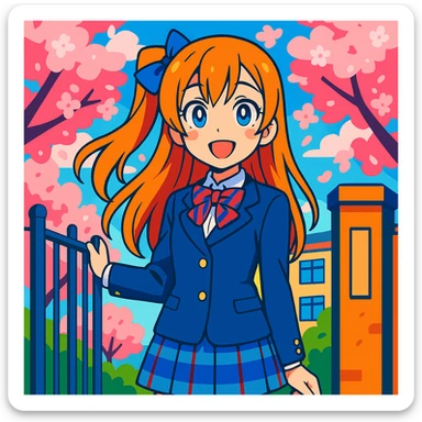 anime schoolgirl with long orange hair, blue ribbon, blue eyes, smiling, in Japanese school uniform, standing by school gate with cherry blossoms, vibrant colors, Love Live! inspired sticker