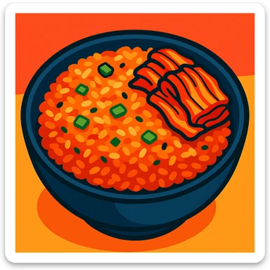 vibrant, appetizing kimchi fried rice in a bowl, stylized illustration sticker