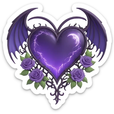gothic heart purple glass crescent moon black roses devil wings torn edges swirling stardust branching lightning misty rain fractured glass sticker