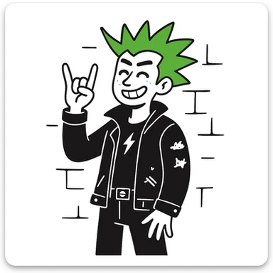smiling punk guy with green irochese showing horns (doodle style) sticker