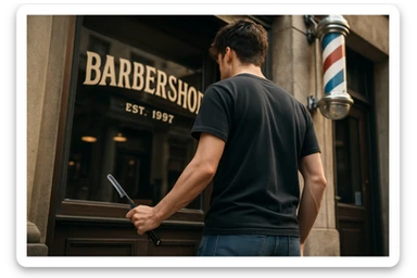 sartaroshxona oldida turgan yosh yigit bir qo'lida ustara bilan pastroqdan rakurs yuzi ko'rinmasin sticker