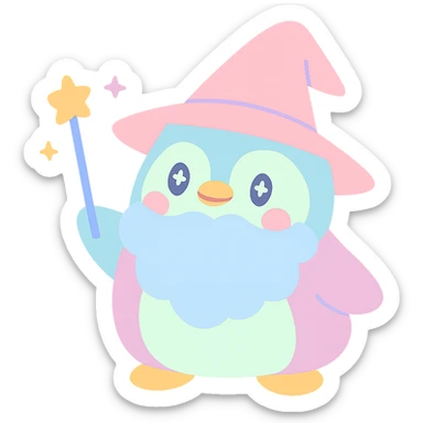 playful style chubby penguin wizard with a big beard and pointy hat sticker