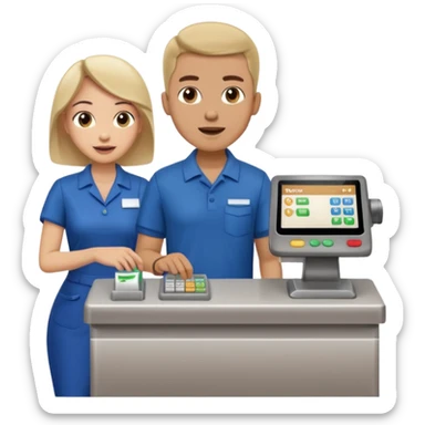 Supermarket employee at a cash register, full body, serving a man surprised sticker