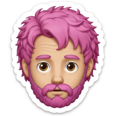 A light-skinned man with moderately curly pink hair, brown eyes, a beard, and a slightly uneasy expression. sticker