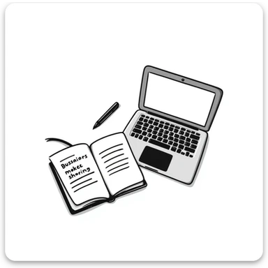 top view of a MacBook and a notebook with a pen nearby, notebook with visible notes sticker