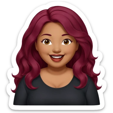 Plus size red hair brown face small eyes long hair Asian eyes small eyes wavy hair eye lashes burgundy hair black shirt laughing small slanted eyes sticker