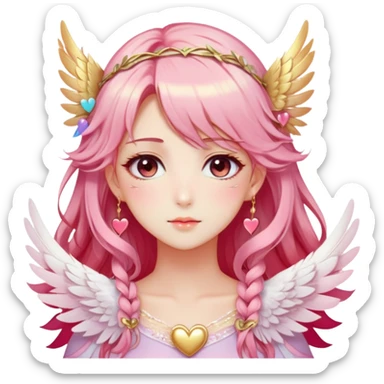 Dreamy pretty pastel anime flowers feathers hearts wings angelic laurel lady with pretty hair and gorgeous eyes, romantic aesthetic, reds, pinks, golds, whites, gradient hues, shiny, sparkly, cute, beautiful, sexy sticker