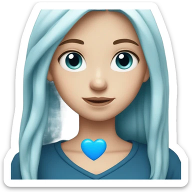 white girl with long blue hair in a black sweatshirt holding a blue heart sticker