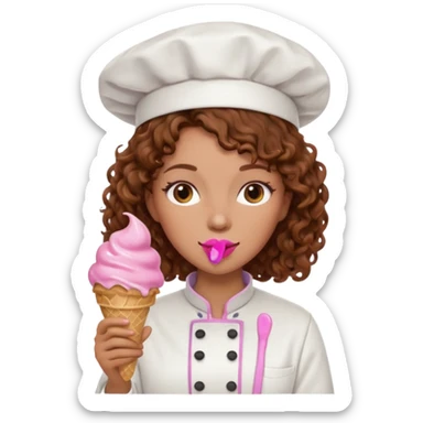 woman brown curly hair, chef, eating pink ice cream sticker