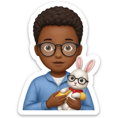 black boy kid with glasses → holding a toy rabbit sticker