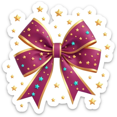 sparkly burgundy bow with gold outline and stars, frosted glass effect sticker