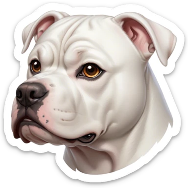 Cinematic Noble White American Bulldog Portrait Emoji, Poised and regal, with a powerful, muscular build and a sleek, well-groomed pure white coat, deep-set soulful brown eyes, Simplified yet sharp and sophisticated features, highly detailed, glowing with a soft, dignified glow, high shine, intelligent and loyal, stylized with an air of strength, focused and attentive, soft glowing outline, capturing the essence of a watchful and confident guardian, so majestic it feels as though it could step out of the screen with effortless authority! sticker
