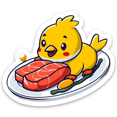 Cute sticker of a floating plate with a large chicken breast as the main focus, a red meat steak, smaller salmon fillet, and tiny egg, orbiting a DNA symbol, with energy flowing to a strong muscular cartoon figure sticker